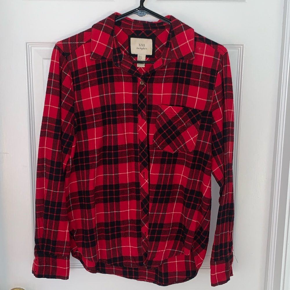 Red and black long sleeve plaid